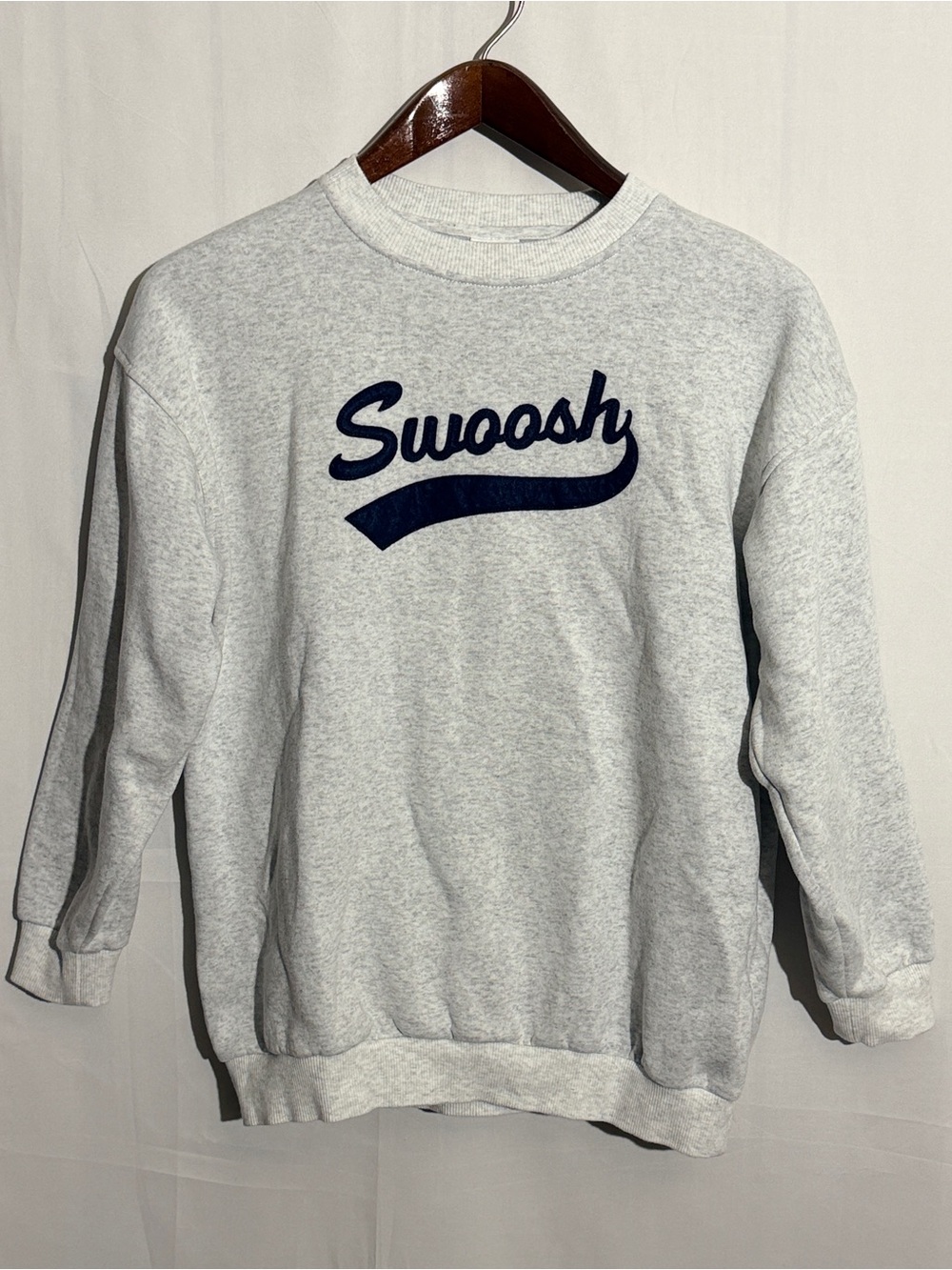 Nike Youth Large Gray Swoosh Script Fleece Crewneck Sweatshirt Navy Logo